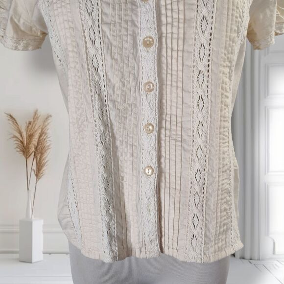 Naf Naf Ivory Cotton Top Size L Pintucks Crochet Lace Trim - Picture 8 of 14